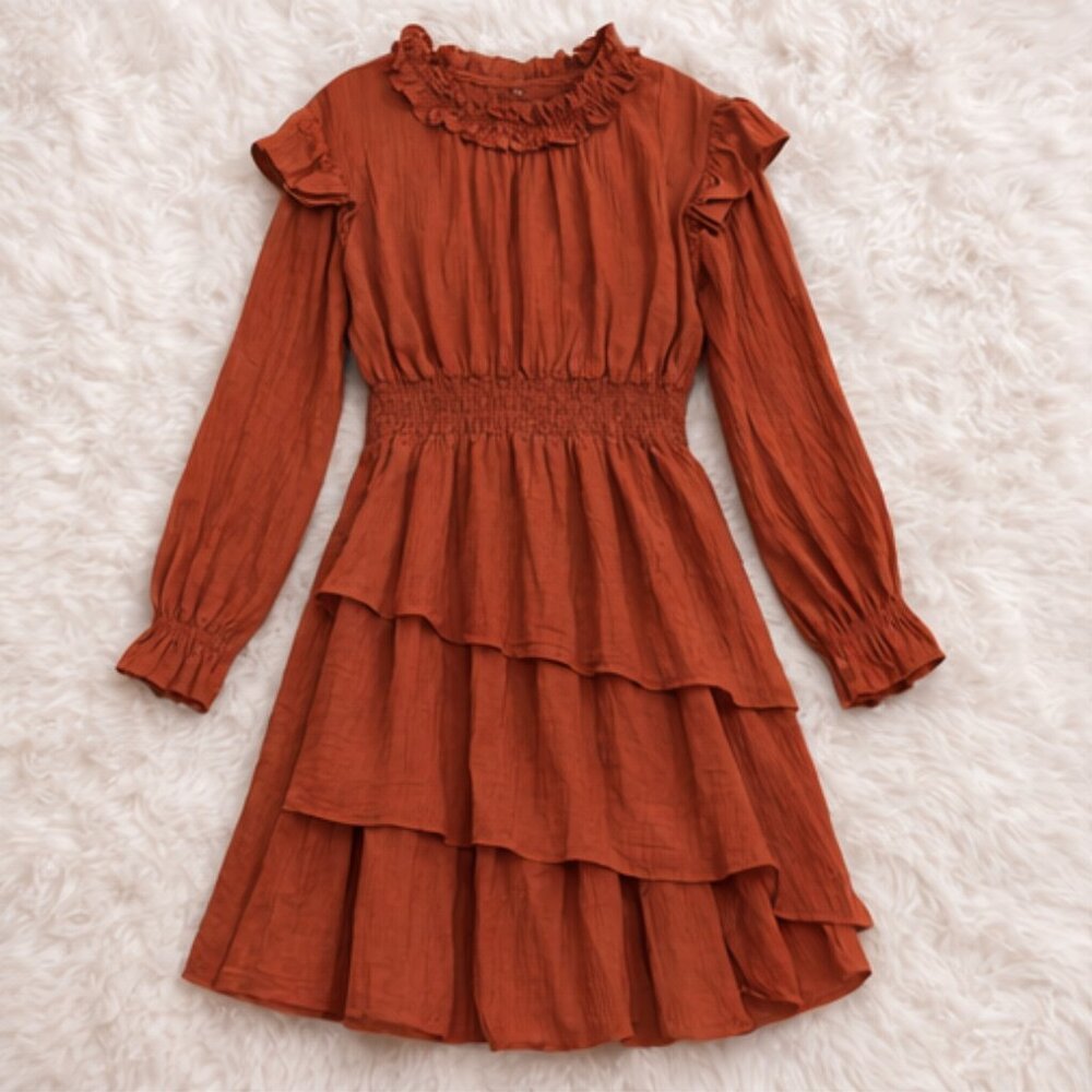 Grace Karin Burnt Orange Boho Ruffle Dress Size XXL | Tiered Midi Smocked Waist
